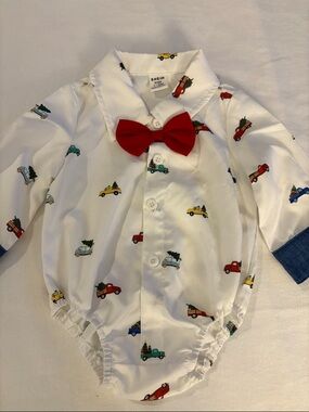 SHEIN White Baby Onesie with Red Bow Tie and Holiday Truck Print